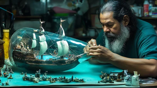 Intricate Ship Model Craft in Glass Bottle