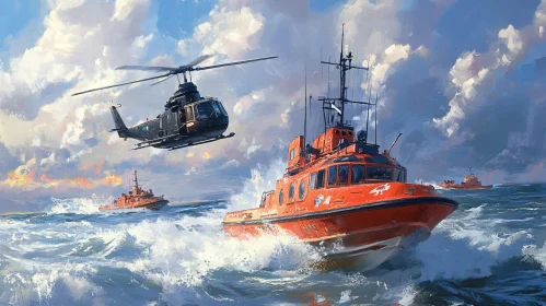 Marine Rescue Painting with Lifeboats and Helicopter