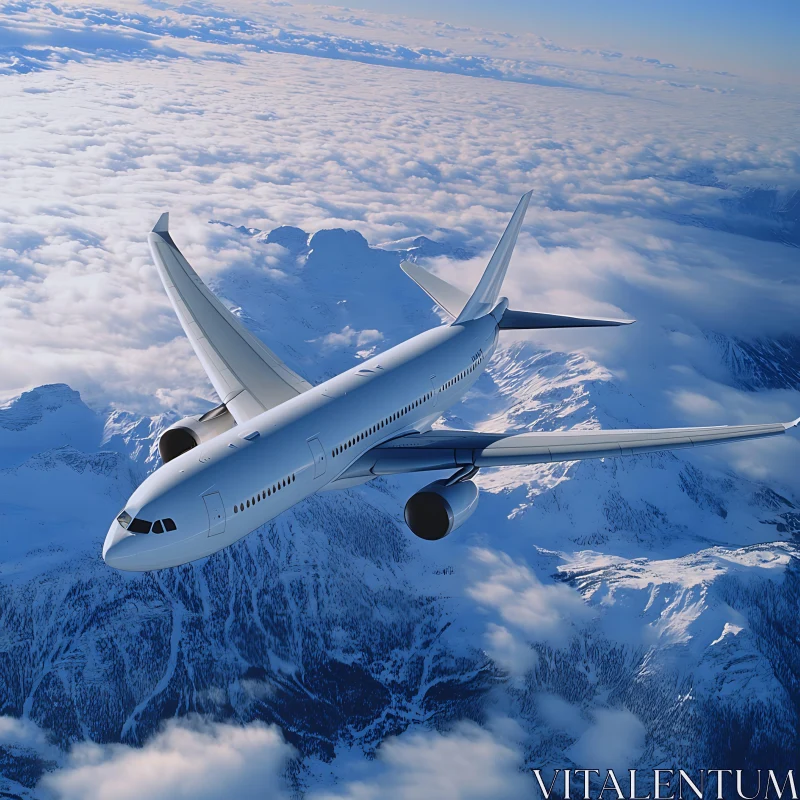 Airplane in Flight Over Majestic Snowy Peaks AI Image