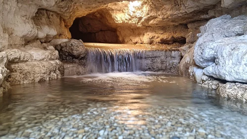 Serene Rocky Cave Waterfall Scene