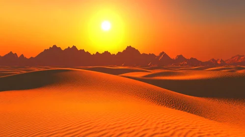 Sunset Over Desert with Sand Dunes and Mountains