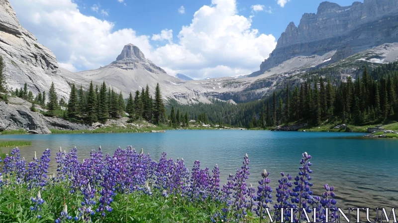 Peaceful Lake with Purple Flowers and Scenic Mountains AI Image