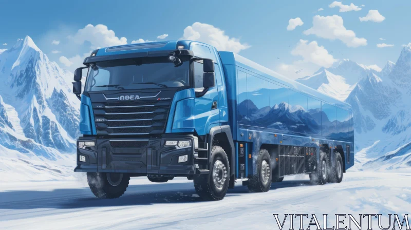 Blue Truck Journeying Through a Snowy Mountain Landscape AI Image
