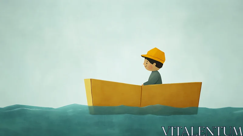 Peaceful Artwork of a Child in a Simple Boat AI Image