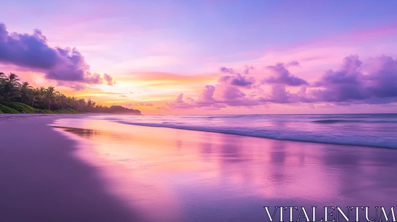 Tranquil Sunset Beach Scene with Pink and Purple Sky AI Image