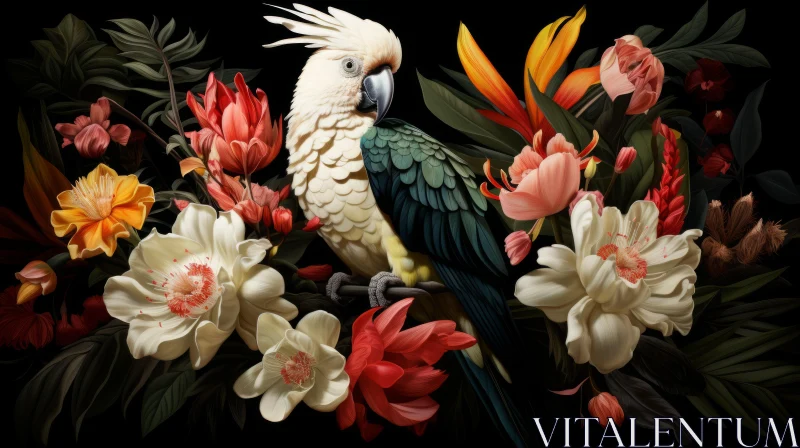 Exquisite Parrot with Flowers Illustration on Dark Background AI Image