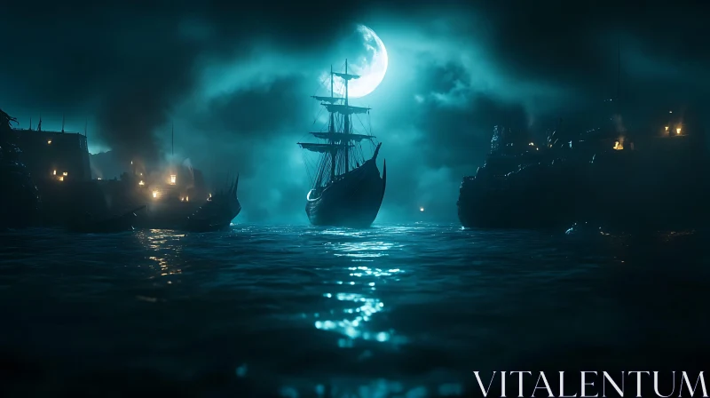 Mystical Moonlit Dock and Ship AI Image