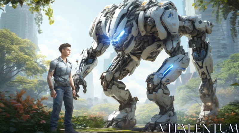 Man Standing Next to a Giant Robot: A Stylized Scene AI Image