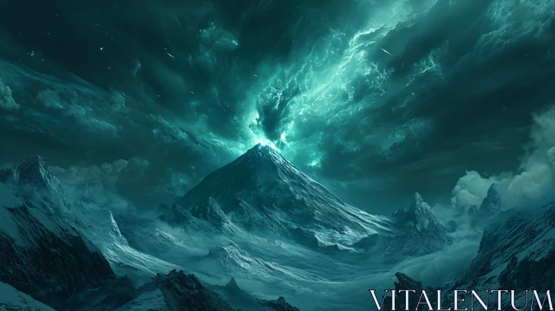 Enchanted Green Night over Snowy Peaks AI Image