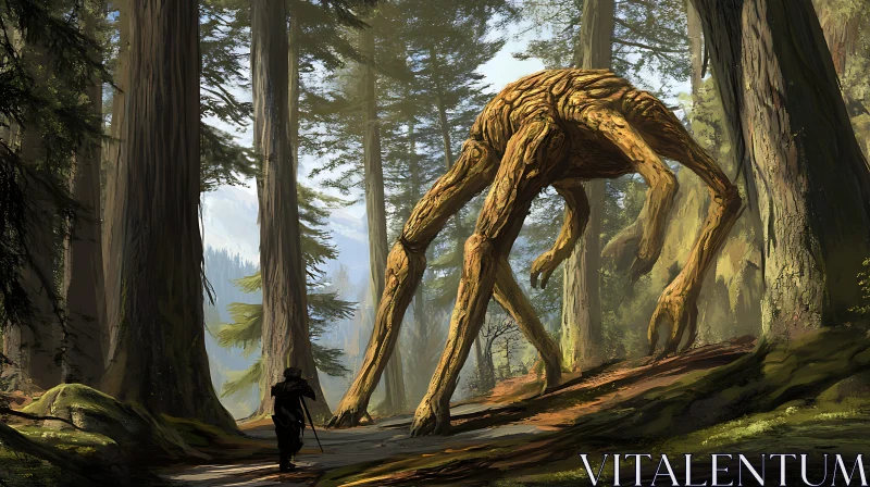 Enigmatic Forest Creature and Lone Traveler AI Image