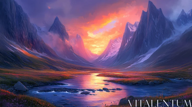 Sunset Over Majestic Mountains and Serene Stream AI Image