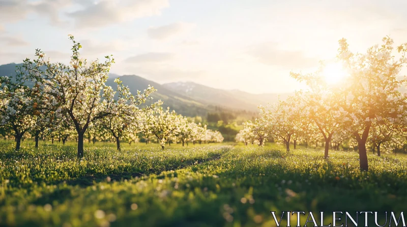 Morning Sunlight on Orchard Trees AI Image