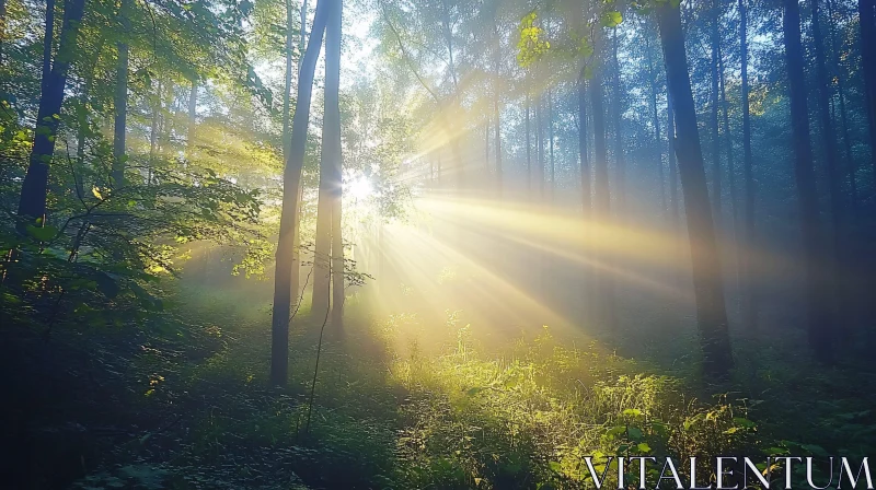 Sunlight Radiates Through a Lush Forest Canopy AI Image