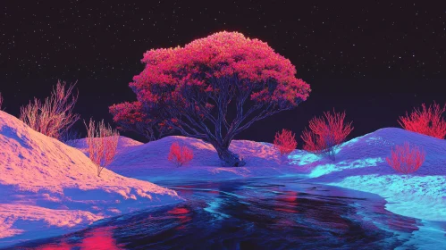 Vibrant Neon Nightscape with Pink Tree and Reflective Water