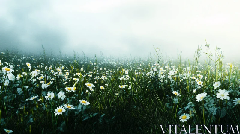 Tranquil Meadow of Daisies in Gentle Morning Haze AI Image