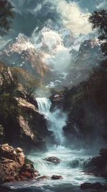 Mountainous Wilderness with Cascading Waterfall