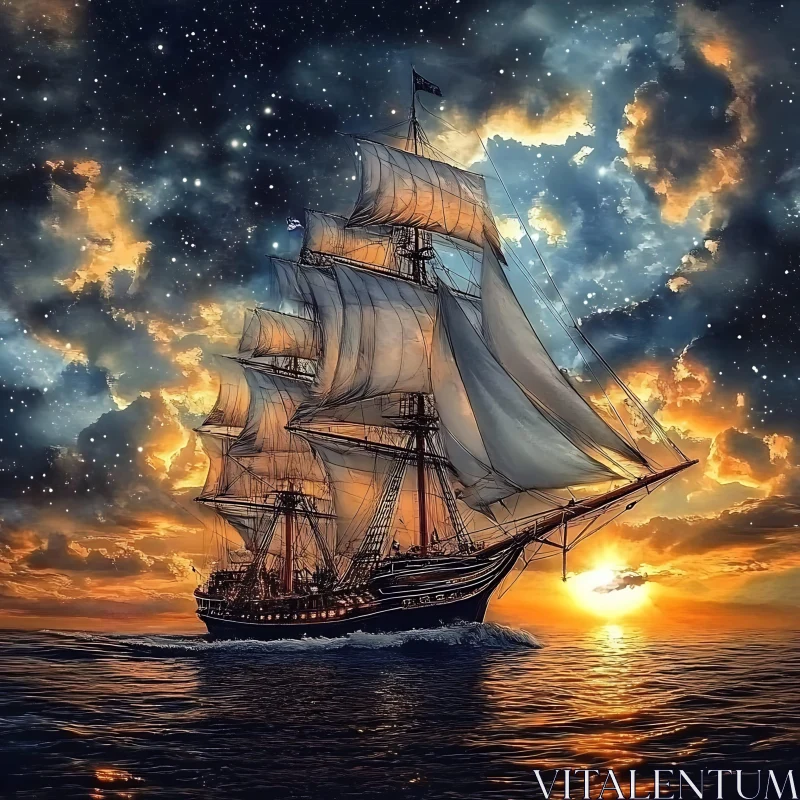 AI ART Sailing Ship at Sunset with Starry Sky