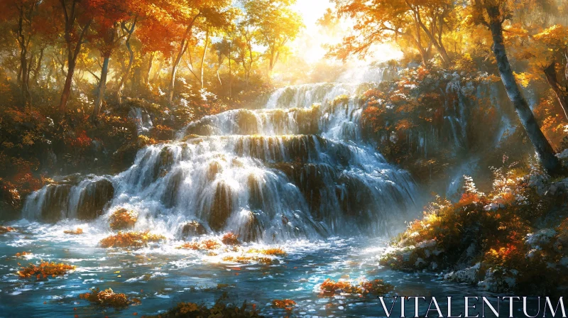 AI ART Golden Autumn Forest with Cascading Waterfall