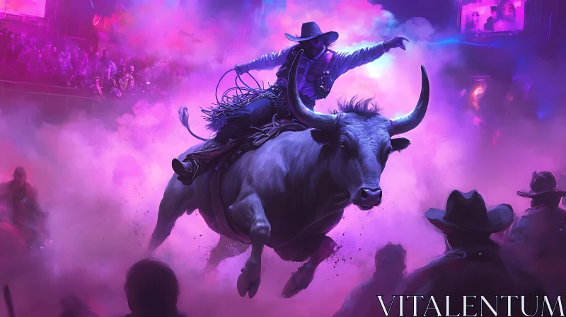 Cowboy Bull Riding in Colorful Smoke-Filled Arena AI Image