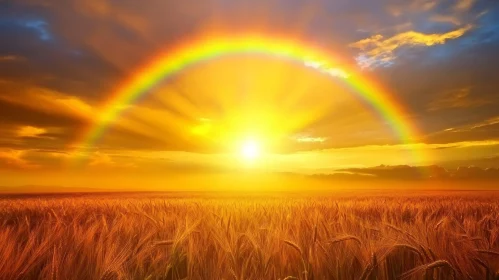 Radiant Rainbow and Sunset Above a Wheat Field