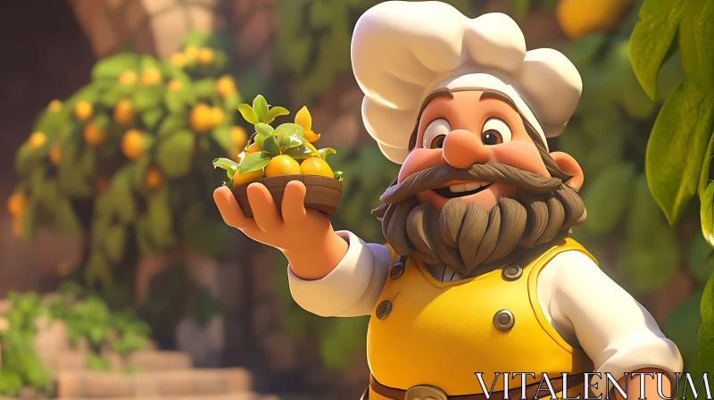 Joyful Animated Chef in Lush Garden AI Image