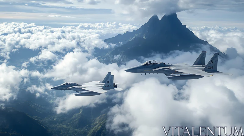 Aerial View of Fighter Jets and Mountain Peaks AI Image