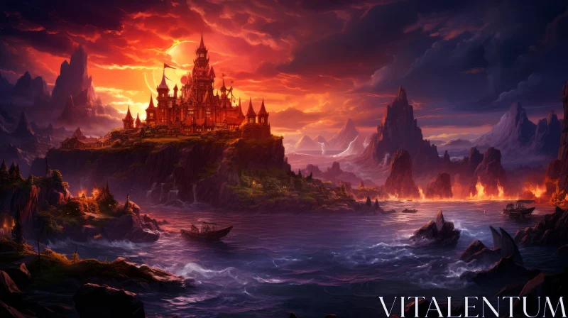 Fantasy Castle in Majestic Sunset - Epic Seascape Art AI Image