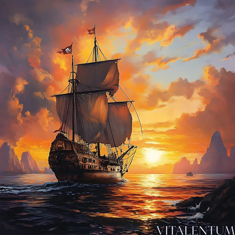 AI ART Pirate Ship at Sunset on Tranquil Ocean