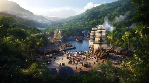Island Harbor with Ships and Lush Greenery