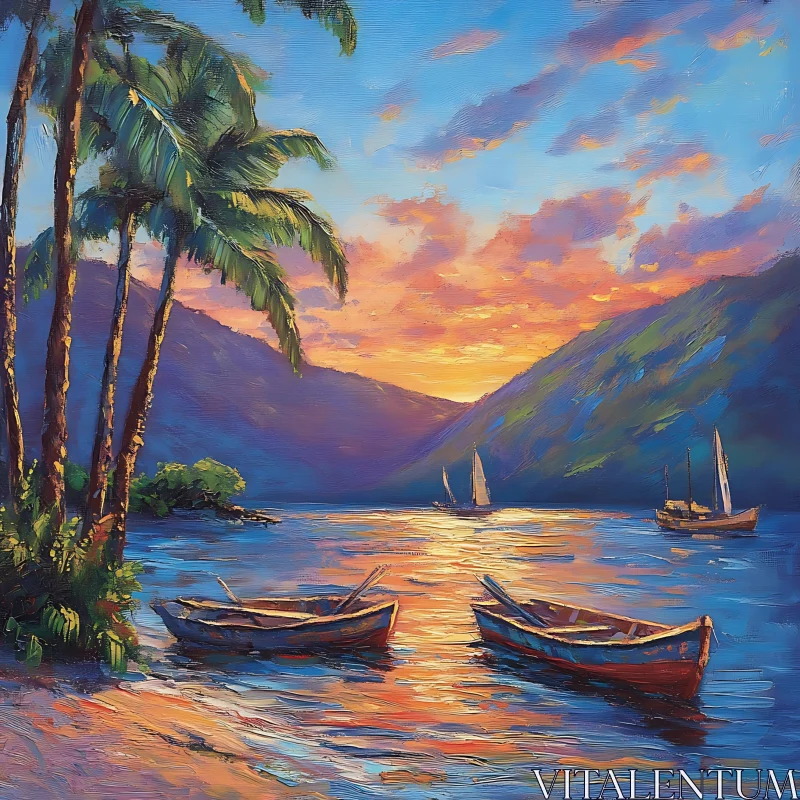 Picturesque Sunset with Boats and Palm Trees