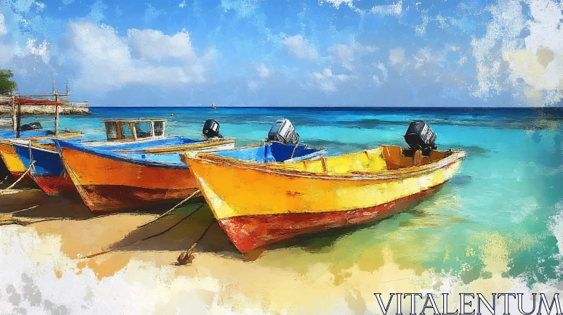 Colorful Boats on Tranquil Shoreline Painting