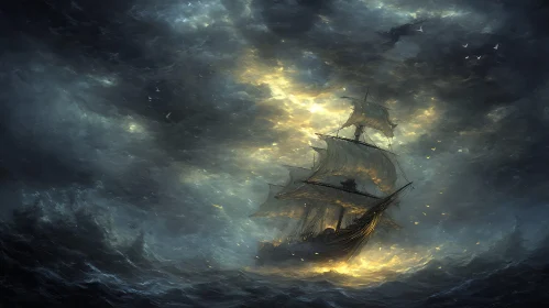 Classic Ship in Storm with Dark Clouds