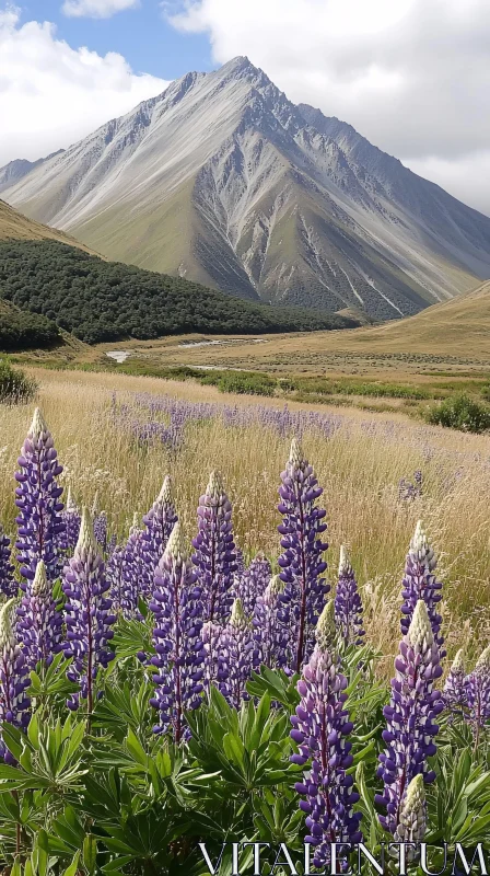 AI ART Mountain Landscape with Vibrant Lupines
