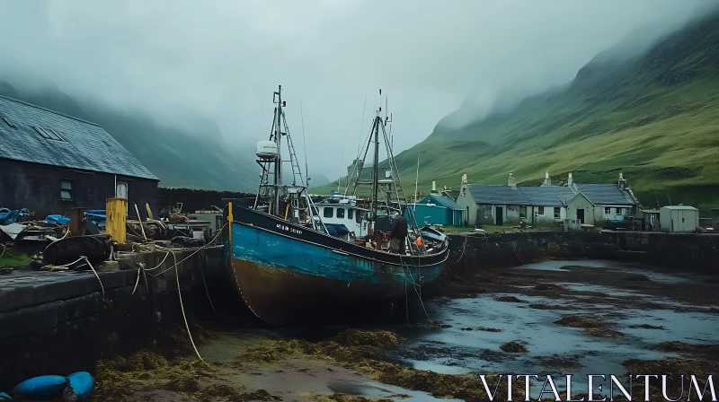 AI ART Misty Harbor Village with Wooden Boat