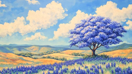 Idyllic Meadow with Blue Tree and Purple Flowers