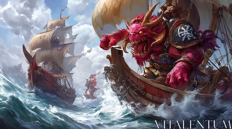 AI ART Fierce Sea Creature Leads Pirate Armada in Stormy Waters