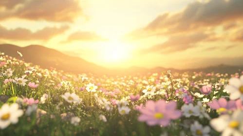 Golden Sunset Over a Flower Field