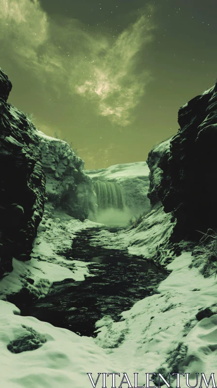 AI ART Serene Snow-Covered Canyon with Waterfall and Stars