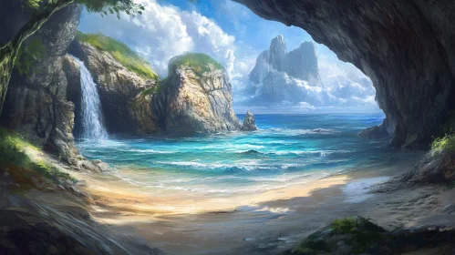 Serene Beach and Waterfall Landscape