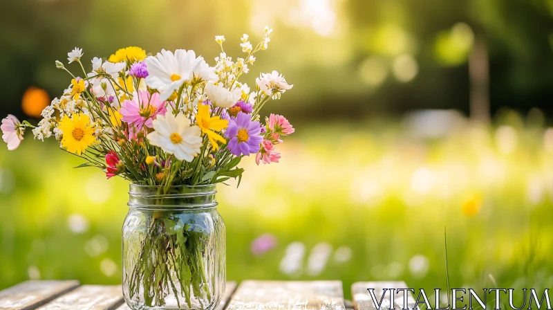 AI ART Colorful Wildflowers in a Glass Jar Outdoors