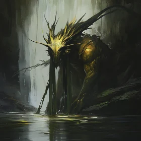 Mystical Creature in Dark Forest by Waterfall