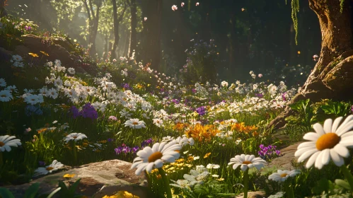 Sunlit Forest Meadow with Blooming Wildflowers