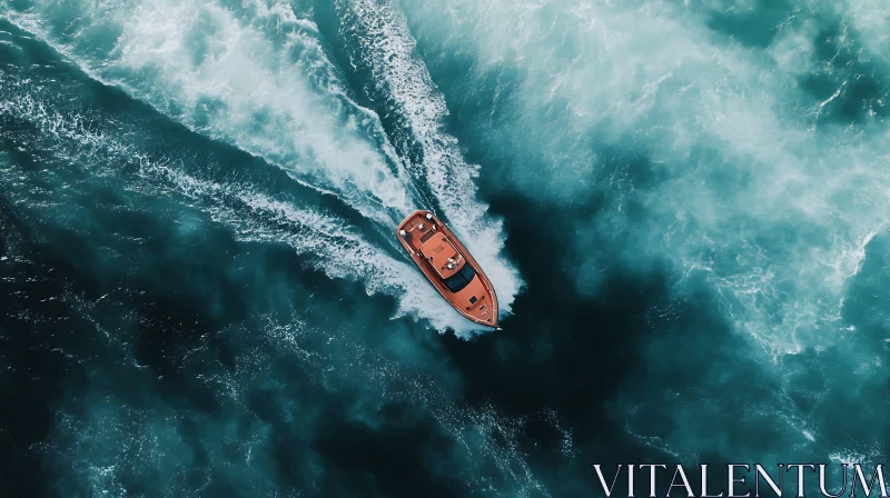 High-Altitude Perspective of a Boat Racing Through Sea Waters AI Image