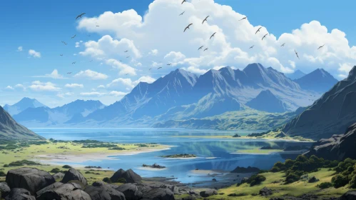Adventure Themed Coastal Scenery with Mountains and Avian Illustrations