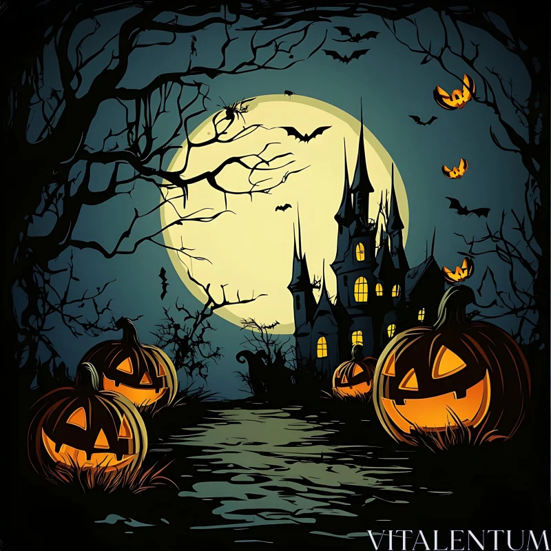 AI ART Haunted Mansion Under a Full Moon with Jack-o'-Lanterns
