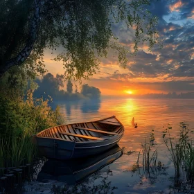 Tranquil Lakeside Sunset with Boat