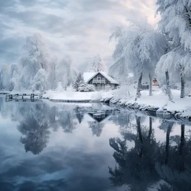 Ethereal Winter Landscape with Snow-Covered House by Lake