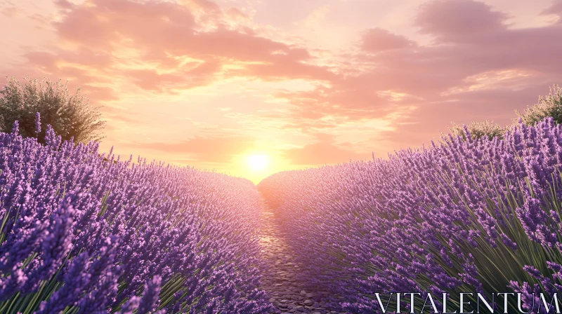 AI ART Lavender Field at Sunset with Path and Colorful Sky
