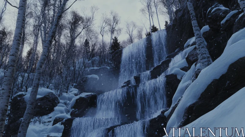 Cascading Winter Waterfall in Snowy Forest