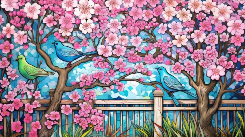 Neo-Traditional Outdoor Art Featuring Birds and Cherry Blossoms